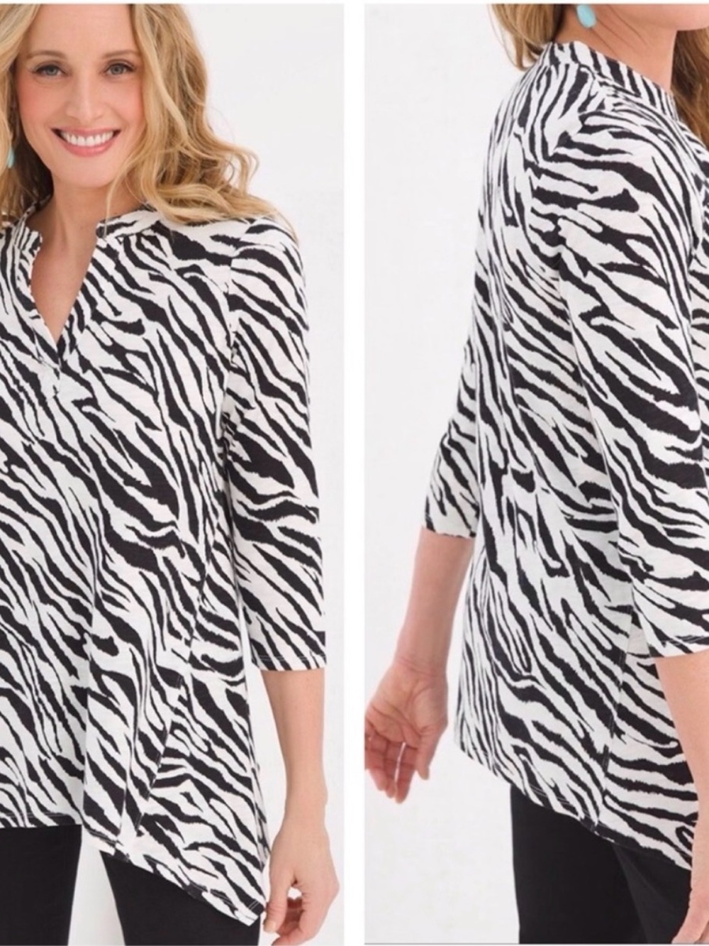 Chico’s Shark Bite Hem Zebra Stripe Cotton Size Large Tunic Top